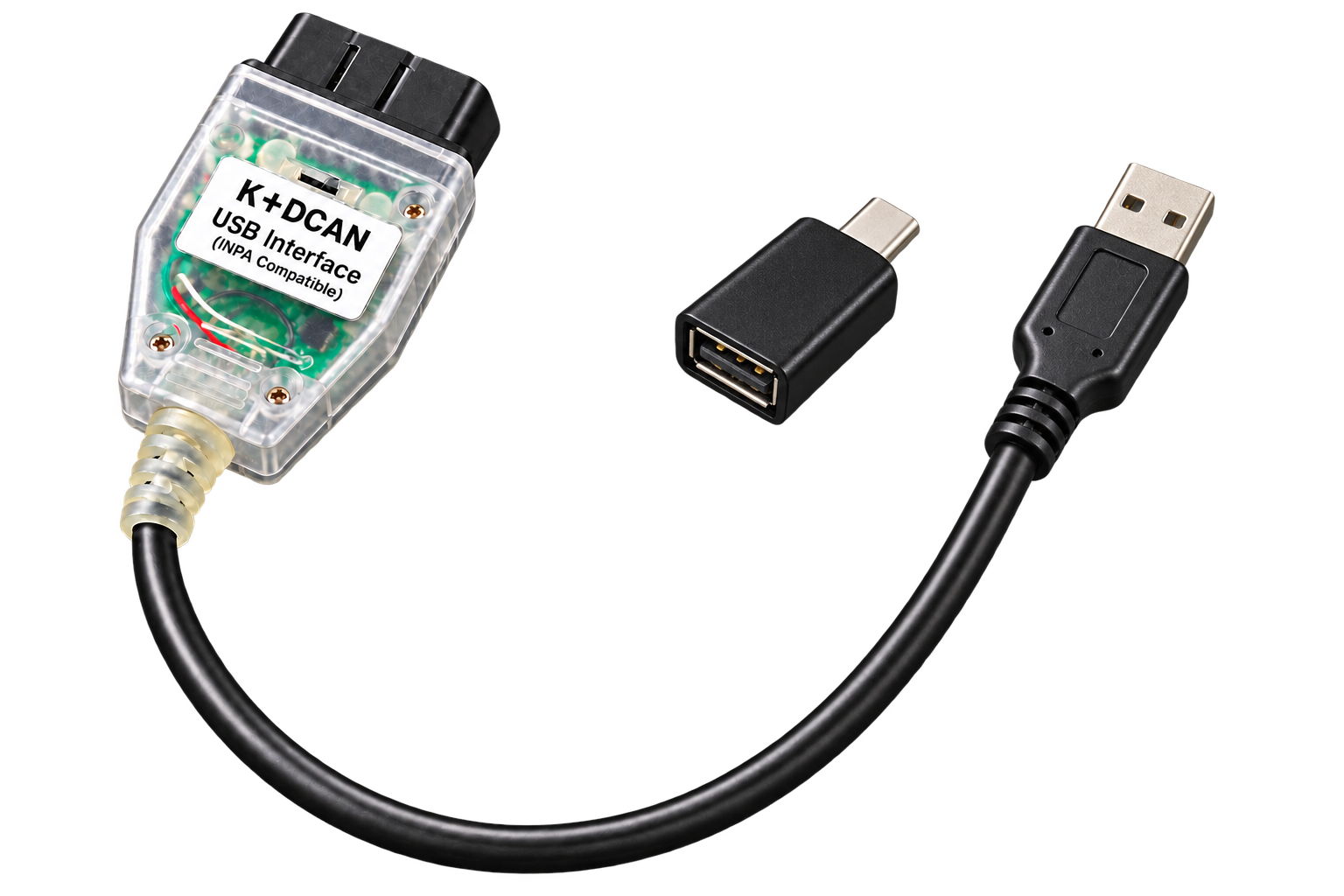 K+DCAN cable with USB-A plug and a separate USB-C OTG adapter