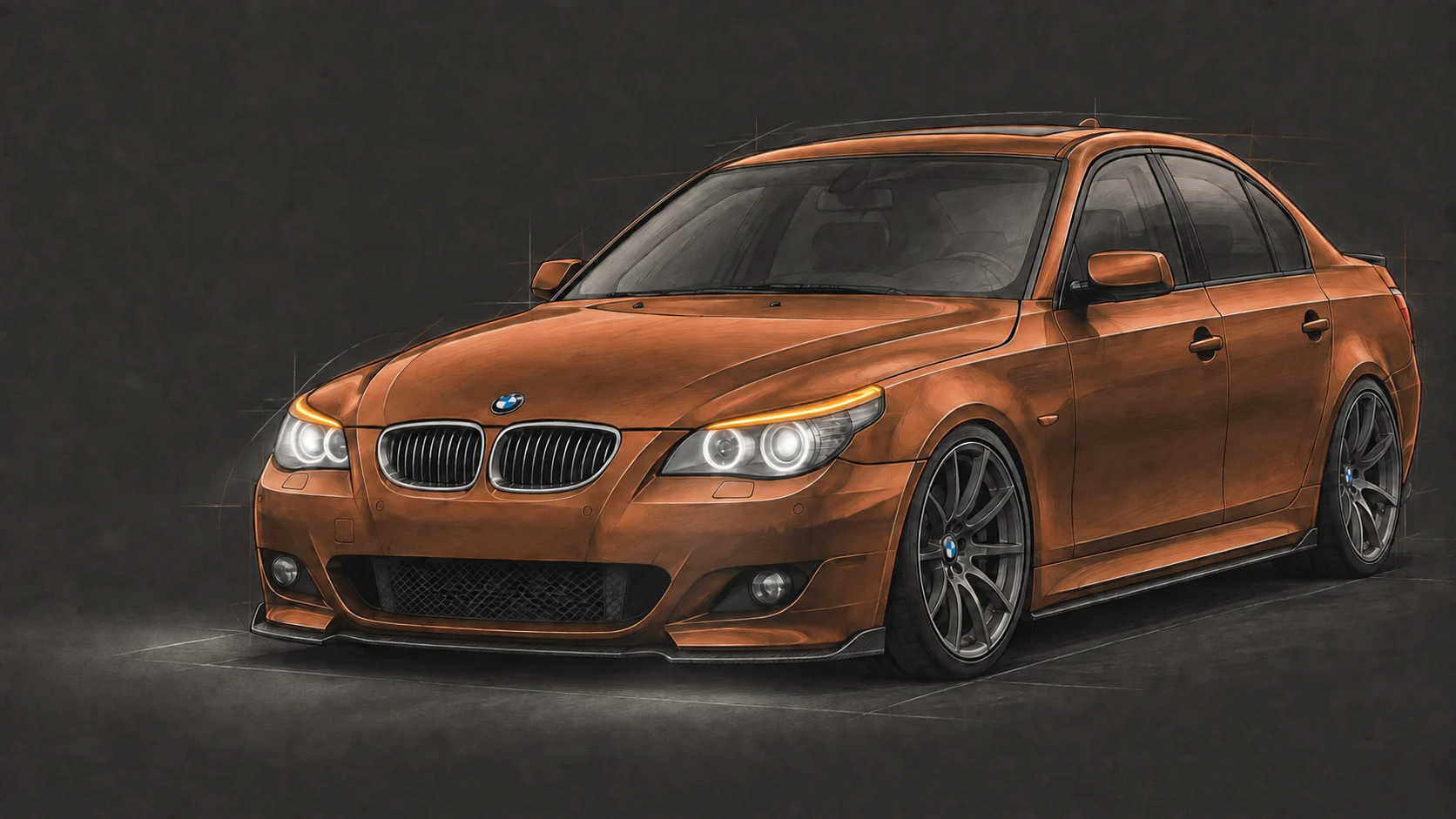 Copper-orange tuned BMW E60 in a technical drawing style
